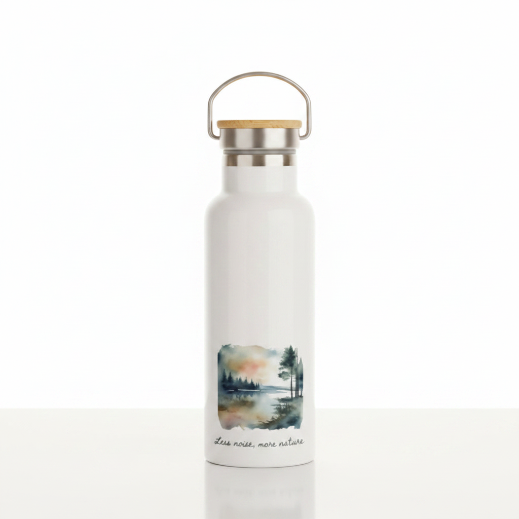 Less Noise More Nature Metal Water Bottle – 500ml Stainless Steel Insulated Flask with Watercolour Nature Design