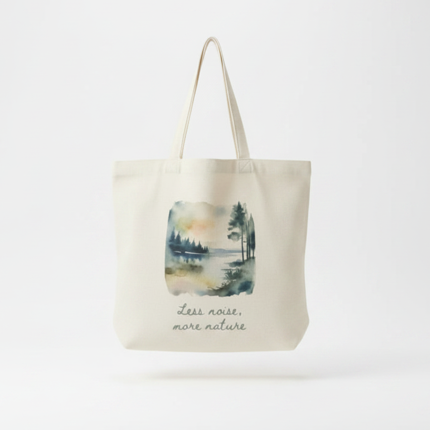 Less Noise More Nature Tote Bag – Watercolour Lake Design