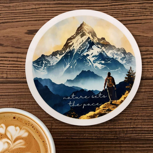 Nature Sets The Pace Round Coaster – Watercolour Mountain Landscape Design | Adventure & Nature Décor