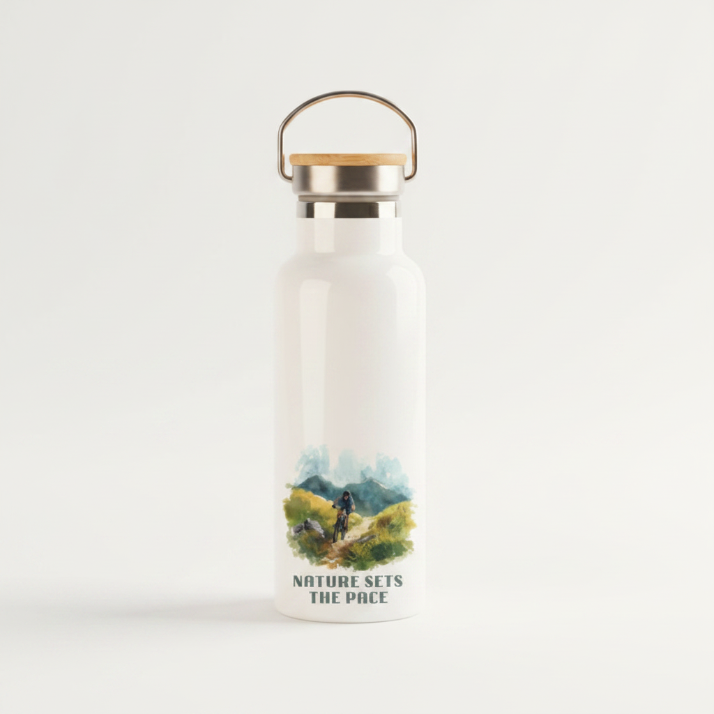Nature Sets the Pace Metal Water Bottle – 500ml Stainless Steel Insulated Flask with Watercolour Mountain Biking Design