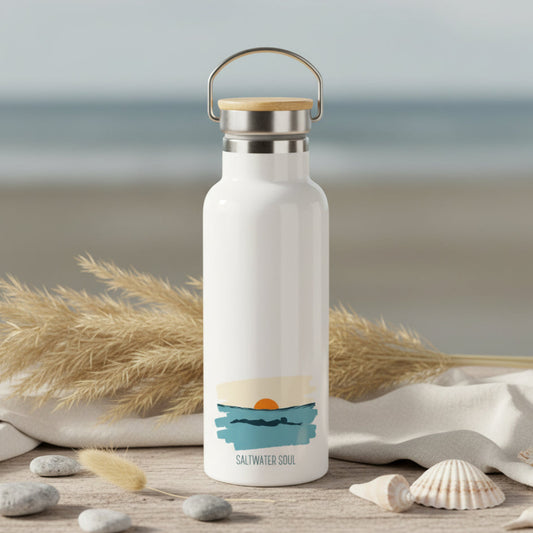 Saltwater Soul Metal Water Bottle – 500ml Stainless Steel Insulated Flask with Silhouette Swimmer & Sun Sea Design