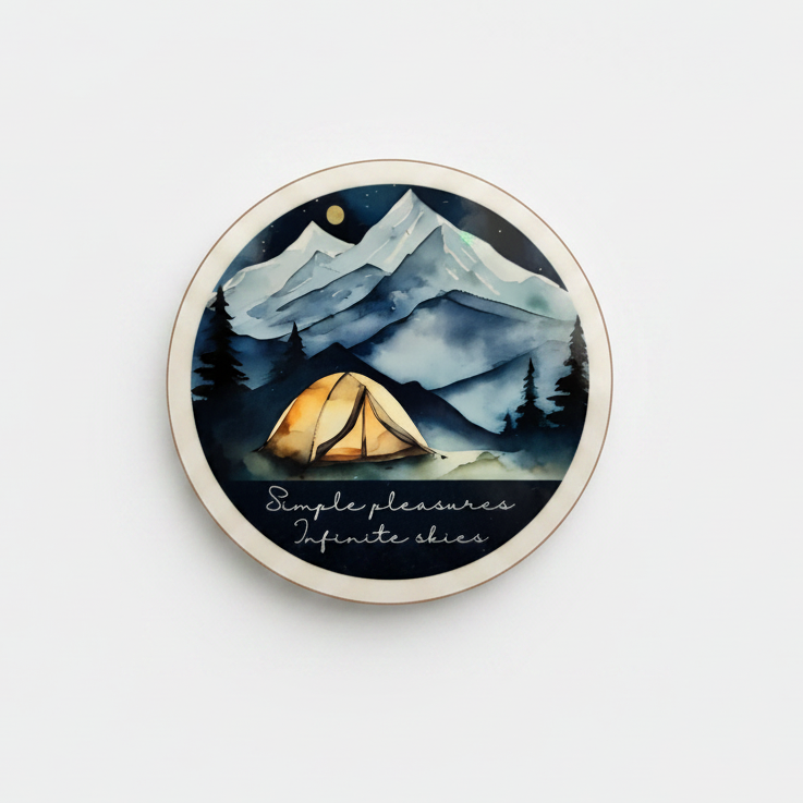 Simple Pleasures, Infinite Skies Round Coaster – Watercolour Mountain Camping Night Design | Starry Sky Adventure Décor