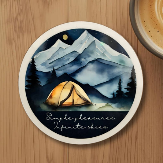 Simple Pleasures, Infinite Skies Round Coaster – Watercolour Mountain Camping Night Design | Starry Sky Adventure Décor