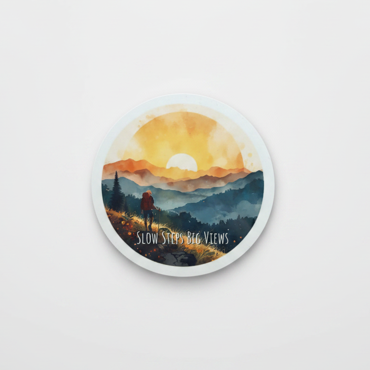 Slow Steps, Big Views Round Coaster – Watercolour Mountain Hiker Design | Adventure & Nature Décor