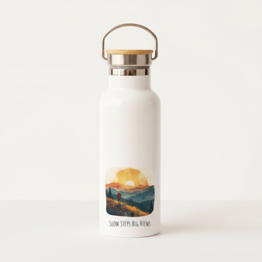 Slow Steps Big Views Metal Water Bottle – 500ml Stainless Steel Insulated Flask with Watercolour Hiker & Mountain Sunrise Design