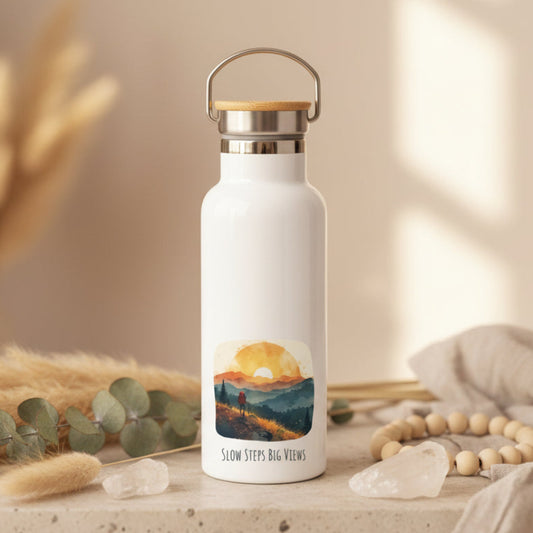 Slow Steps Big Views Metal Water Bottle – 500ml Stainless Steel Insulated Flask with Watercolour Hiker & Mountain Sunrise Design