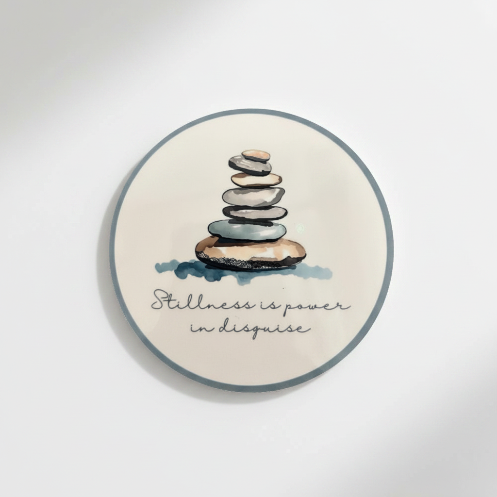 Stillness Is Power in Disguise Round Coaster – Watercolour Stacking Stones Zen Design | Mindful Home Décor