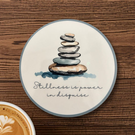 Stillness Is Power in Disguise Round Coaster – Watercolour Stacking Stones Zen Design | Mindful Home Décor