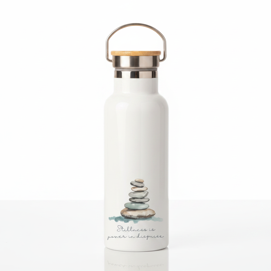 Stillness Is Power in Disguise Metal Water Bottle – 500ml Stainless Steel Insulated Flask with Watercolour Stacking Stones Design