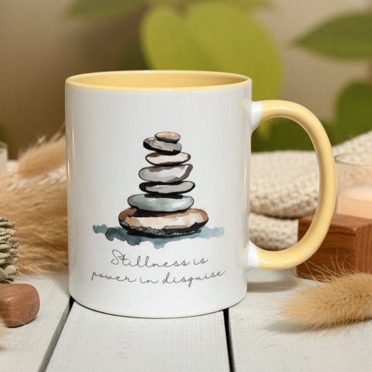 Stillness Is Power In Disguise Ceramic Mug – Watercolour Stacking Stones Design