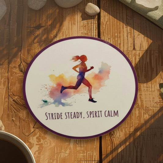 Stride, Steady, Spirit, Calm Round Coaster – Watercolour Running Design | Mindful Adventure Décor