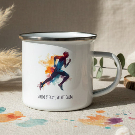Stride Steady Spirit Calm Enamel Mug – 12oz Male Runner Line Art Mug