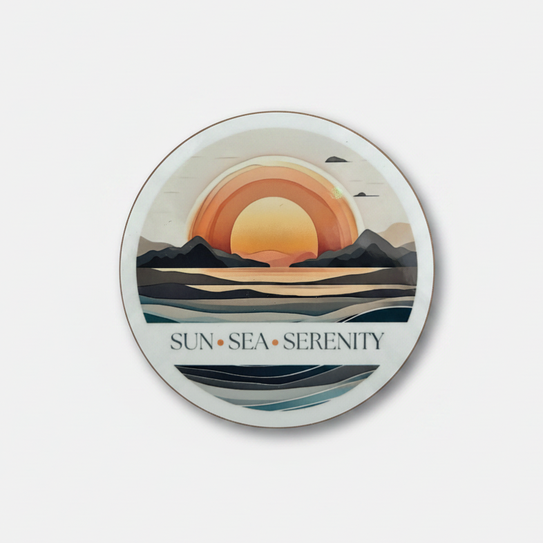 Sun, Sea, Serenity Round Coaster – Layered Ocean & Sunset Watercolour Design | Tranquil Coastal Décor