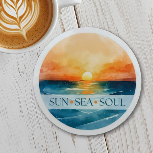 Sun Sea Soul Round Coaster – Sunset Over the Sea Watercolour Design | Coastal Boho Décor