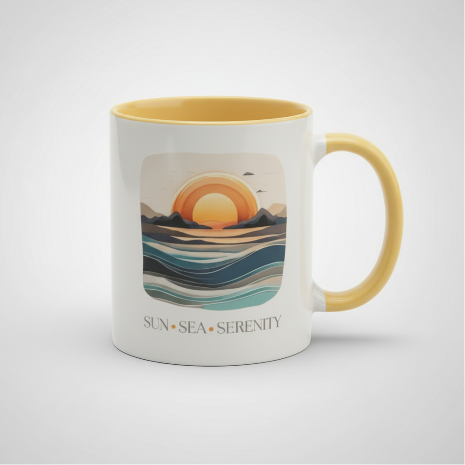 Sun Sea Serenity Ceramic Mug – Sunset & Sunrise Over Ocean Design
