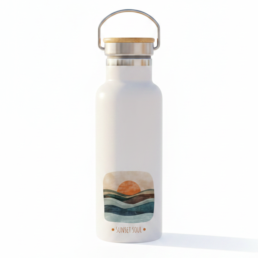 Sunset Soul Metal Water Bottle – 500ml Stainless Steel Insulated Flask with Retro Sunset Design