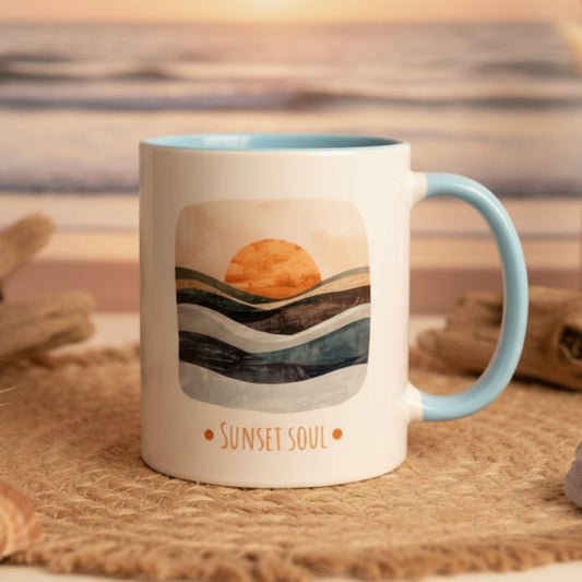 Mug with a sunset design and 'Sunset Soul' text on a white surface.