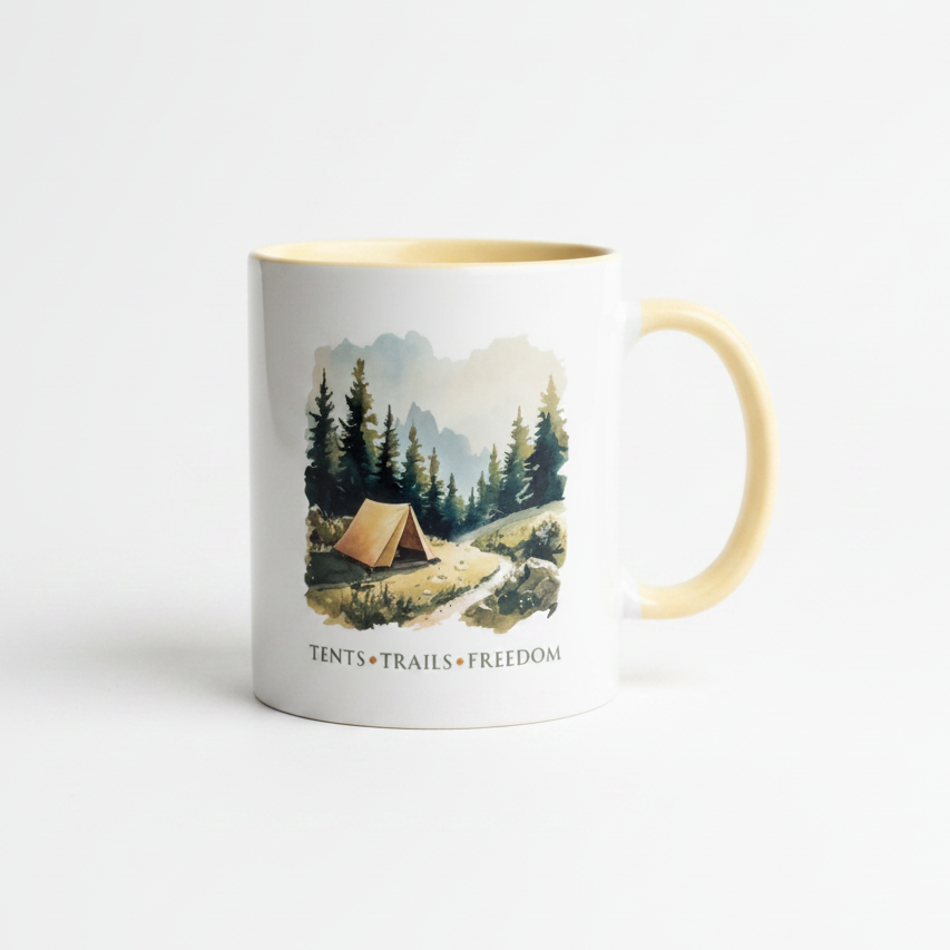 Tents Trails Freedom Ceramic Mug – Watercolour Camping in Nature Design