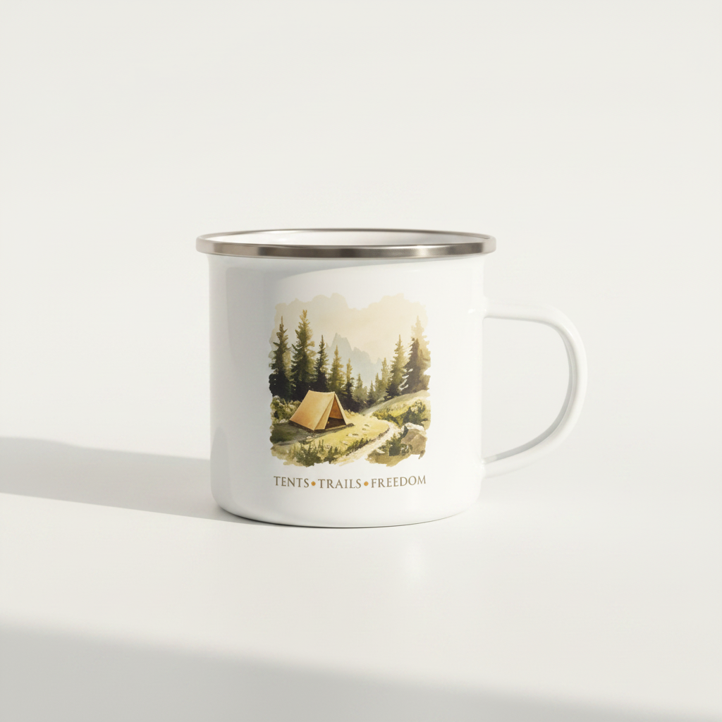 Tents Trails Freedom Enamel Mug – 12oz Watercolour Camping Mug