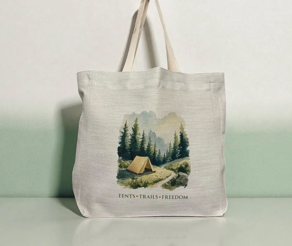 Tents Trails Freedom Tote Bag – Watercolour Camping Adventure Design
