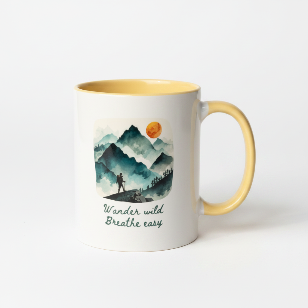 Wander Breathe Easy Ceramic Mug – Watercolour Hiking Design