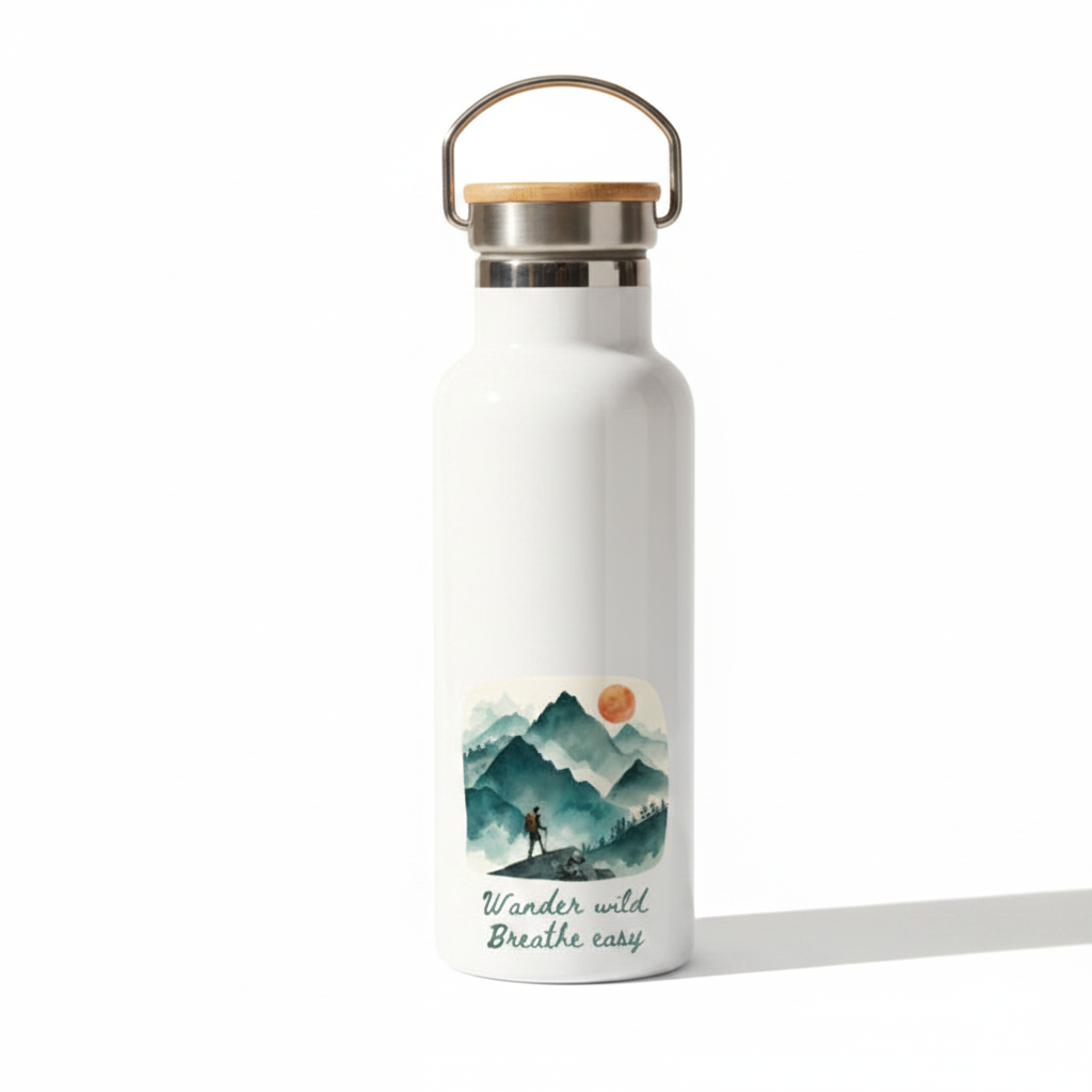 Wander Wild Breathe Easy Metal Water Bottle – 500ml Stainless Steel Insulated Flask with Watercolour Hiking Design
