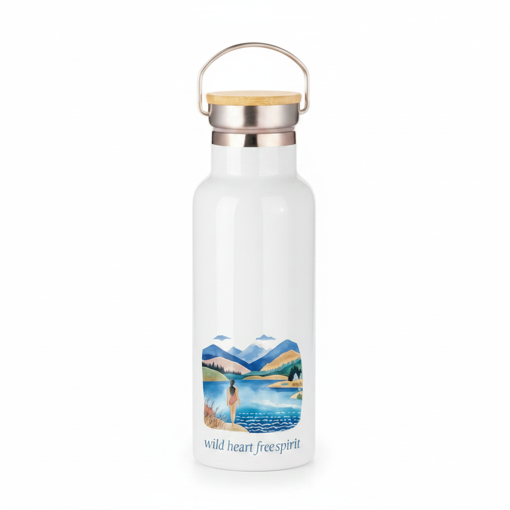 Wild Heart Free Spirit Metal Water Bottle – 500ml Stainless Steel Insulated Flask with Watercolour Wild Swimming Design