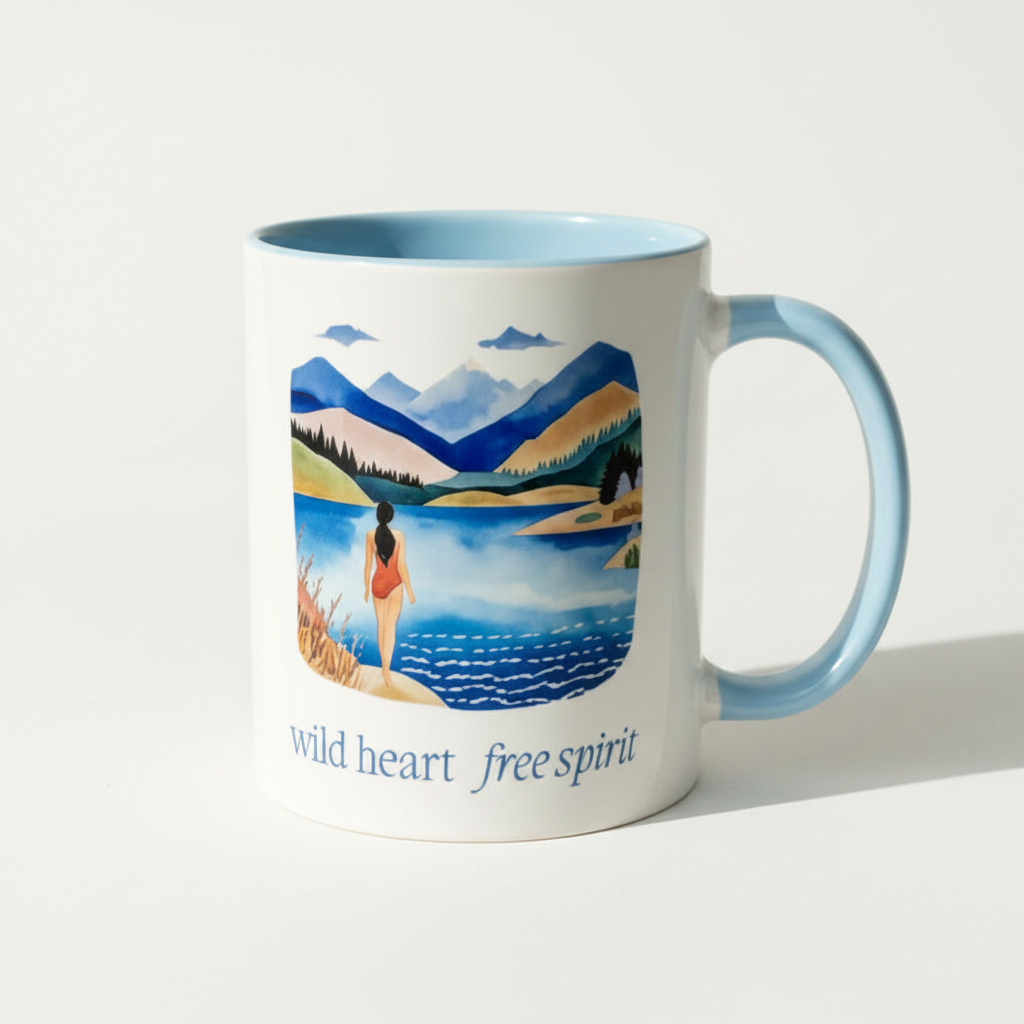 Wild Heart Free Spirit Ceramic Mug – Watercolour Lake Design