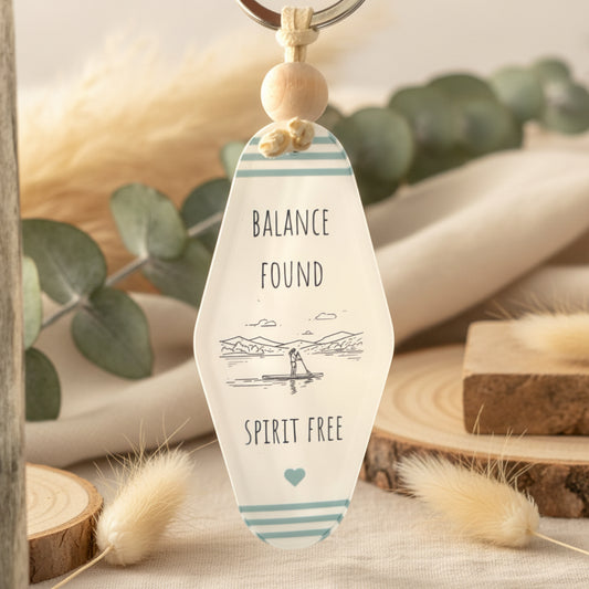 Balance Found, Spirit Free Keyring – Retro Motel Style Boho Keychain with Line Art Paddleboarding Design on a Lake, Gift for Outdoor & Water Lovers