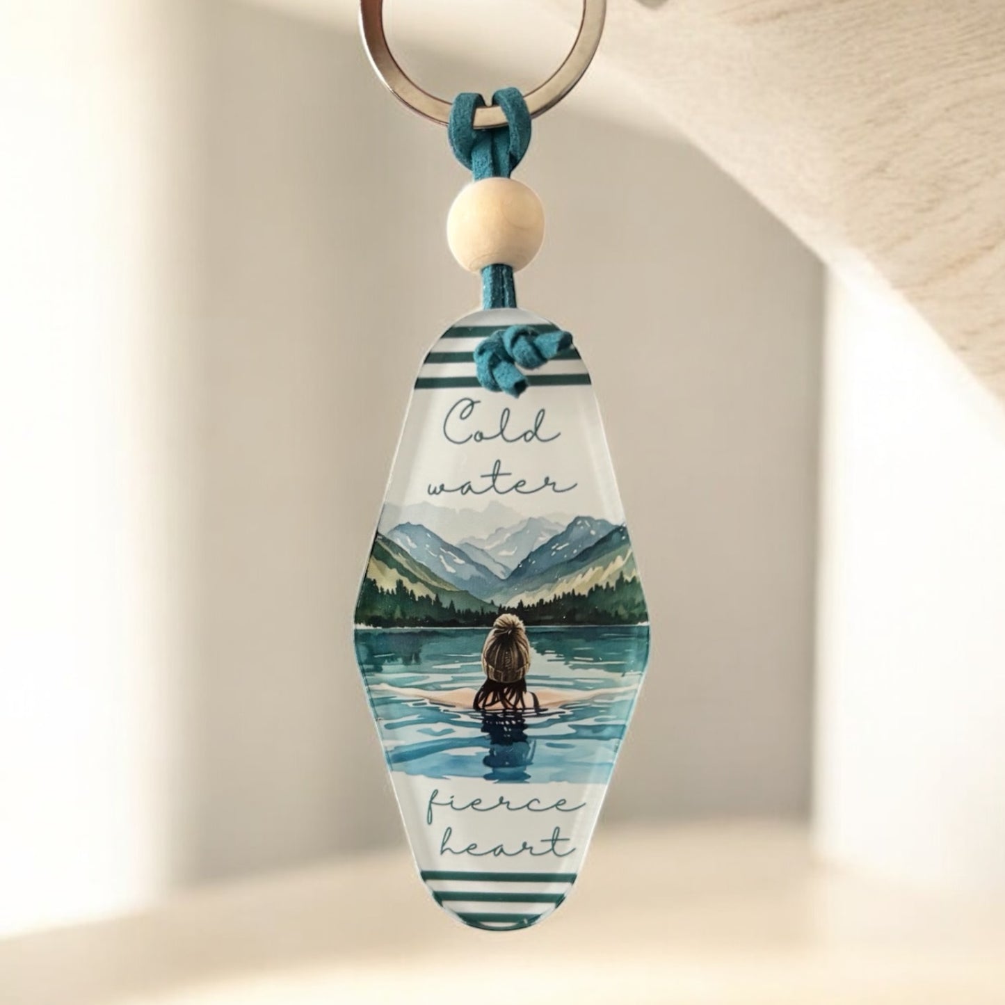 Cold Water Fierce Heart Swimming Lady Keyring – Retro Motel Style Boho Keychain with Bobble Hat Design, Choice of Blonde or Brunette Hair, Gift for Wild Swimming Lovers