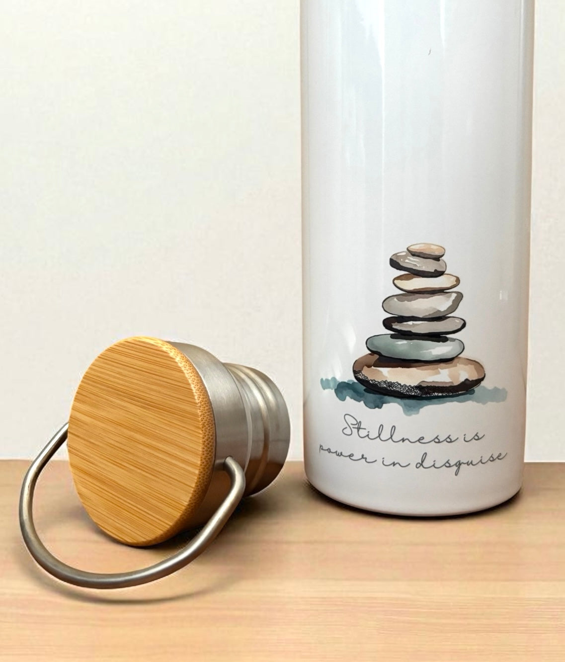 Stillness Is Power in Disguise Metal Water Bottle – 500ml Stainless Steel Insulated Flask with Watercolour Stacking Stones Design