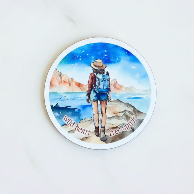 Wild Heart Free Spirit Round Wooden Coaster – Adventure Inspired Watercolour Design - Three Designs Available