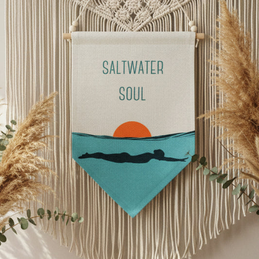 Saltwater Soul - Boho Linen Hanging Flag Swimmer Design, Wooden Rod & Beaded Faux Suede Cord, Nautical Wall Decor