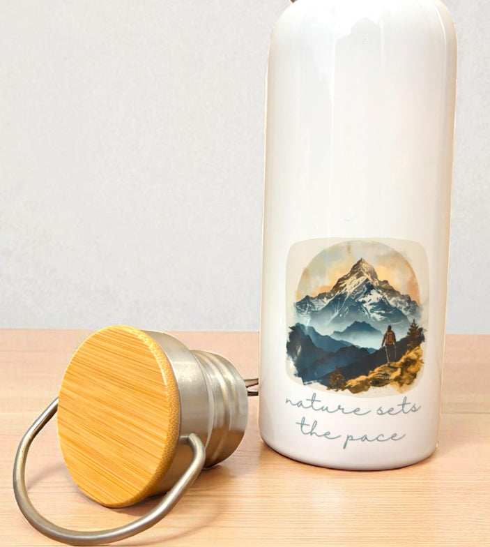 Nature Sets the Pace Metal Water Bottle – 500ml Stainless Steel Insulated Flask with Watercolour Hiker & Mountain Design
