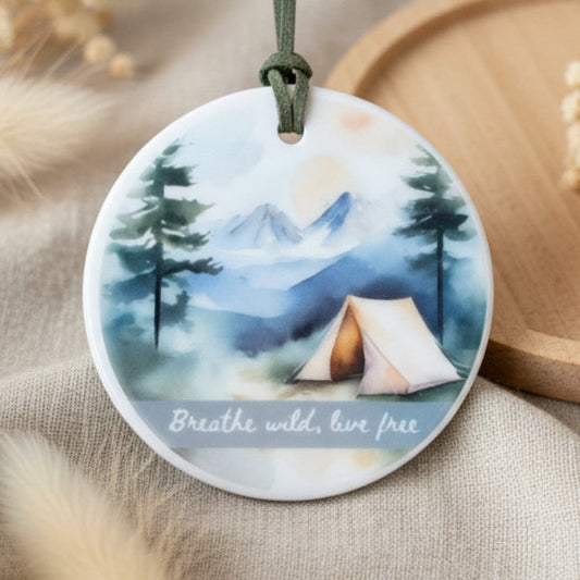 Breathe Wild Live Free Ceramic Hanging Ornament – Watercolour Pastel Camping in Nature Design | Boho Adventure Home Décor