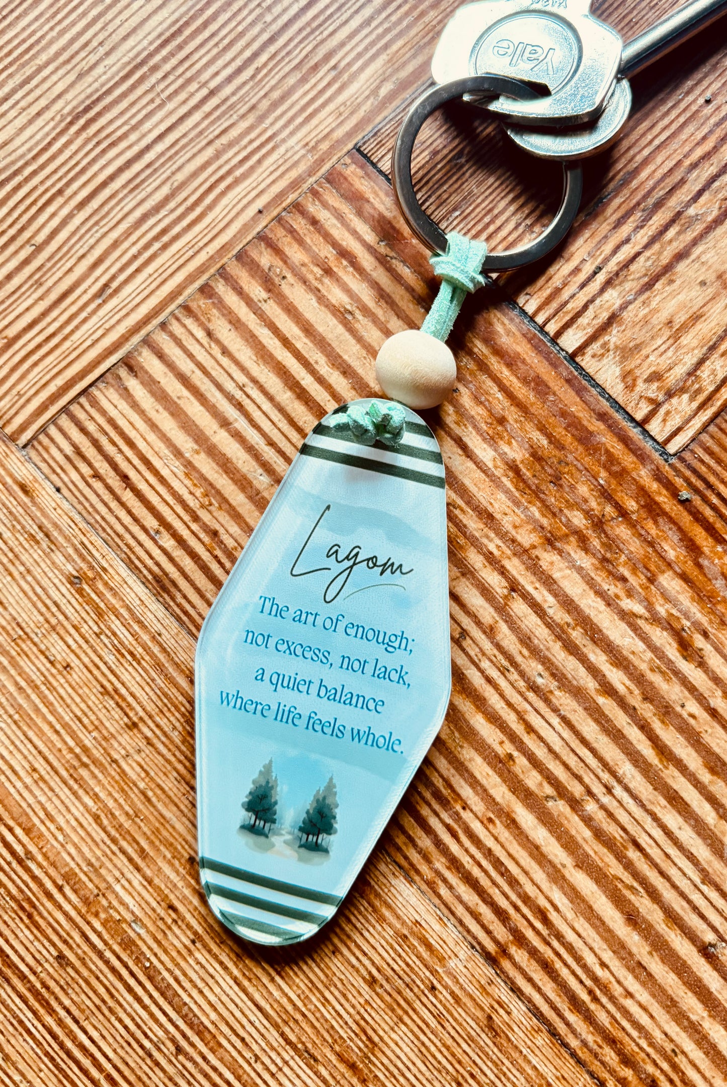Lagom Boho Motel Style Acrylic Keyring – Scandinavian Swedish Quote Keychain with Definition