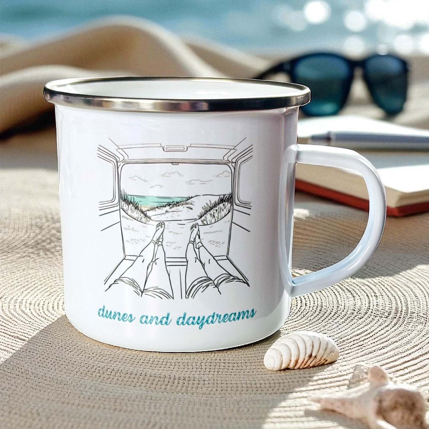 Dunes and Daydreams Enamel Mug – Vanlife Line Art Beach Scene Camping Coffee Cup