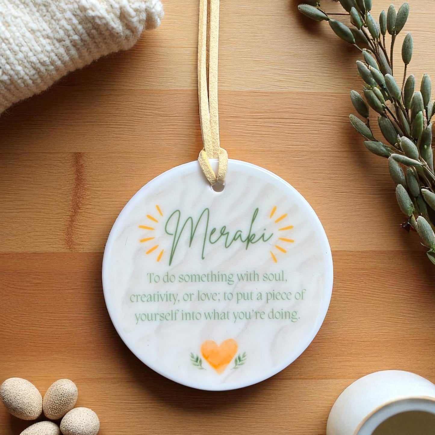 Meraki Ceramic Round Ornament - Minimalist Definition Decoration - Inspirational Word Gift