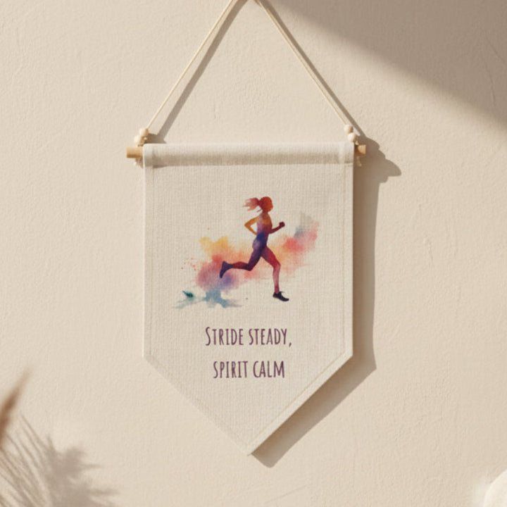 Female Runner Stride Steady, Spirit Calm Quote – Boho Home Décor, Running Inspiration Linen Wall Hanging