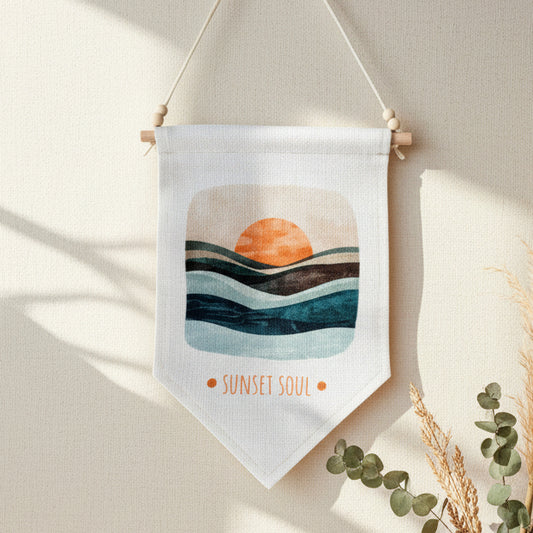 Sunset Soul Linen Wall Hanging Pennant Flag – Boho Home Decor with Wooden Hanging Rail, Bead Detail & Faux Suede Rope