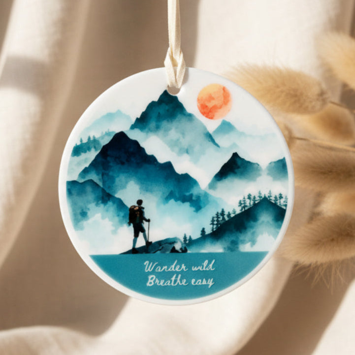 Wander Wild Breathe Easy Ceramic Hanging Ornament – Watercolour Hills Hiking Design | Boho Nature Home Décor