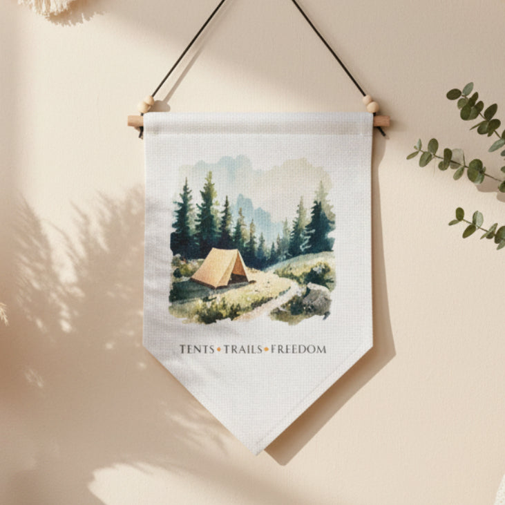 Tents, Trails, Freedom Quote Linen Wall Hanging with Watercolour Tent Design – Boho Home Décor Camping & Adventure Wall Art