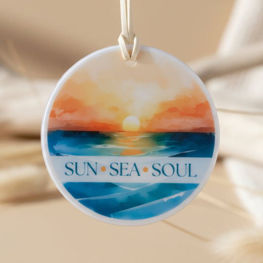 Sun Sea Soul Ceramic Hanging Ornament – Watercolour Ocean Sunset Design | Boho Coastal Home Décor