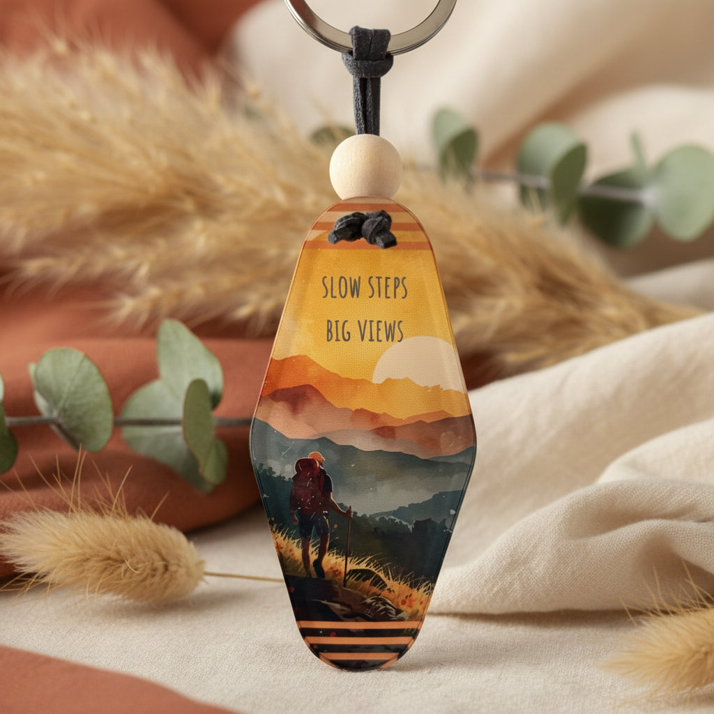 Slow Steps, Big Views Keyring – Retro Motel Style Boho Keychain with Watercolour Mountain & Hiking Design, Gift for Hikers & Nature Lovers