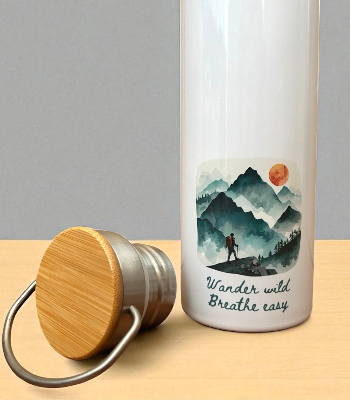 Wander Wild Breathe Easy Metal Water Bottle – 500ml Stainless Steel Insulated Flask with Watercolour Hiking Design