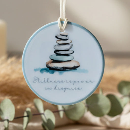 Stillness Is Power in Disguise Ceramic Hanging Ornament – Stacking Stones Design | Mindful Boho Home Décor
