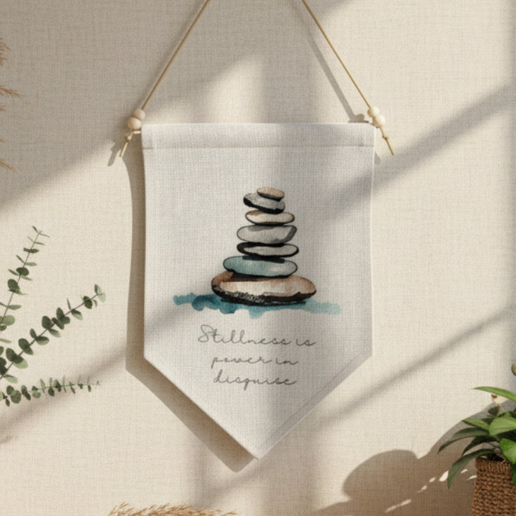 Stillness Is Power in Disguise Stacking Stones Illustration - Boho Home Décor, Mindfulness & Wellness Inspiration Linen Wall Hanging