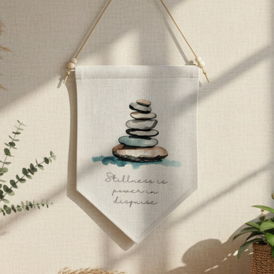 Stillness Is Power in Disguise Stacking Stones Illustration - Boho Home Décor, Mindfulness & Wellness Inspiration Linen Wall Hanging