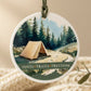 Round decorative hanging with a tent illustration and 'Tents Trails Freedom' text.