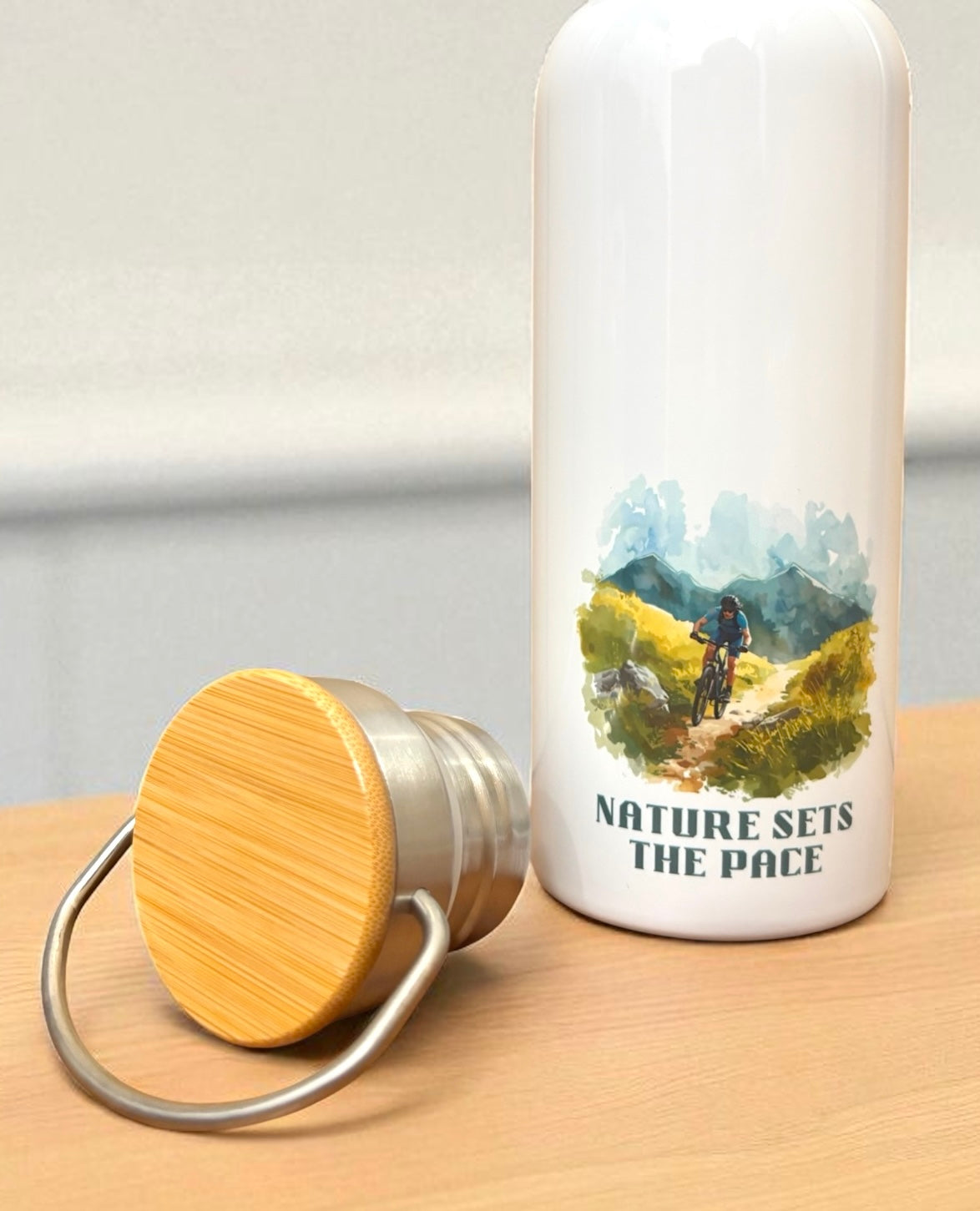 Nature Sets the Pace Metal Water Bottle – 500ml Stainless Steel Insulated Flask with Watercolour Mountain Biking Design